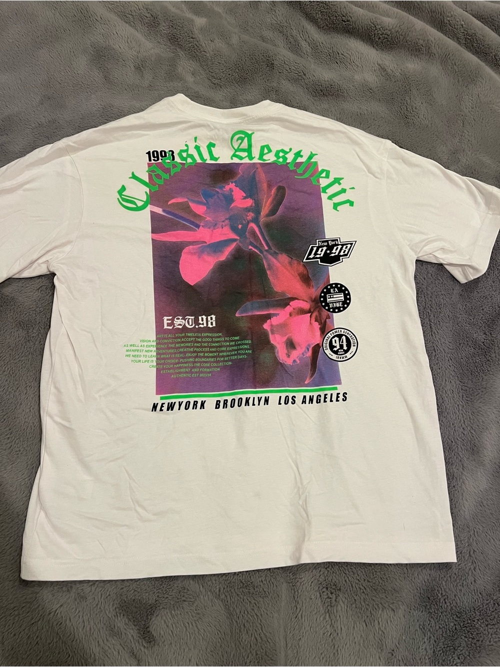 H&M White Short-Sleeve Tee with Neon Pink & Green Graphic